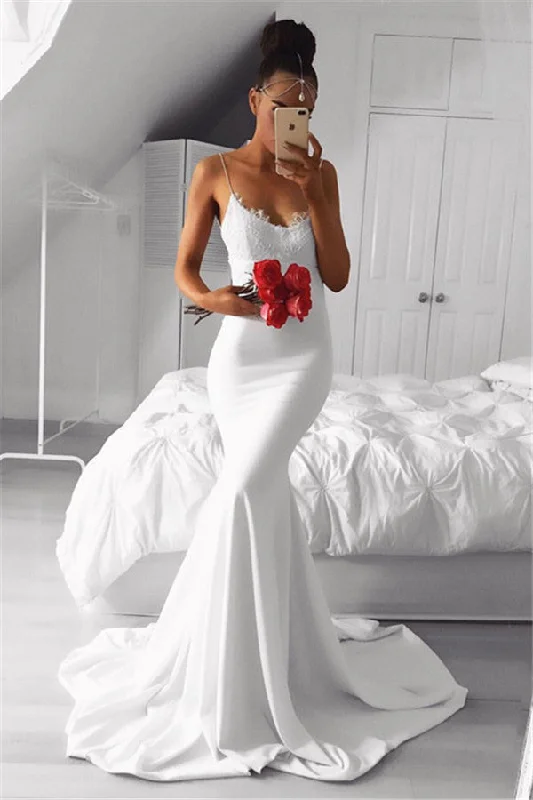 Simple Mermaid Spaghetti-Straps Evening Dresses Appliques Court Train Formal Dresses Simple Mermaid Spaghetti-Straps Evening Dresses Appliques Court Train Formal Dresses