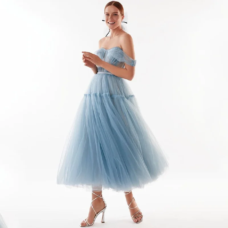Cinessd   Blue Short Prom Dresses 2022 Off Shoulder Tiered Skirt A-Line Party Dresses Pleated Tea-Length Tulle Formal Gowns A-Line Day Work