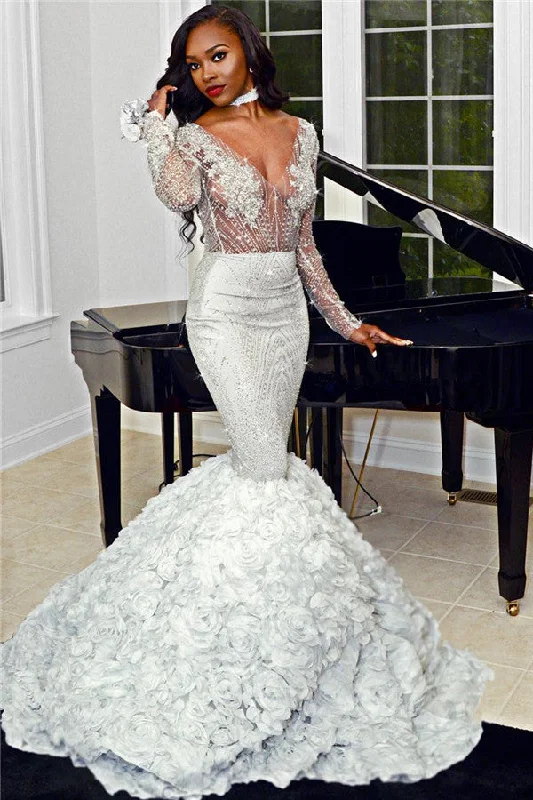 Sexy V-neck Long Sleeve Prom Dresses  | Mermaid Beads Flowers Mermaid Graduation Dresses bc1188
