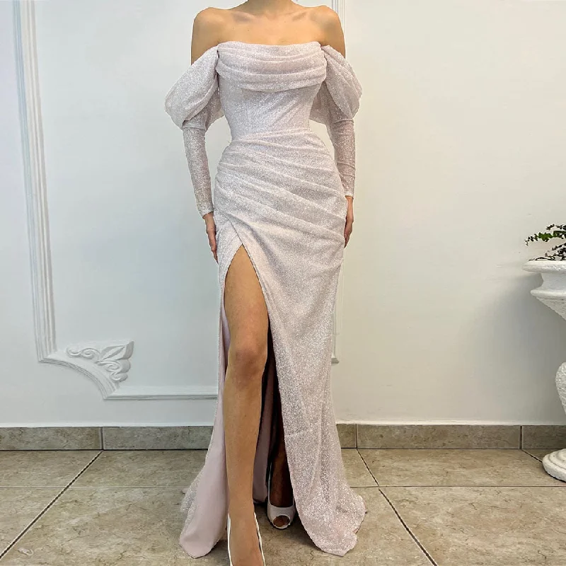Cinessd Back to school outfit Sparkle Formal Party Dress 2022 Long Sleeves Off-The-Shoulder Sequin Long Prom Gown Side Split Long Sexy Mermaid Evening Dresses Tunics Recommended stylist