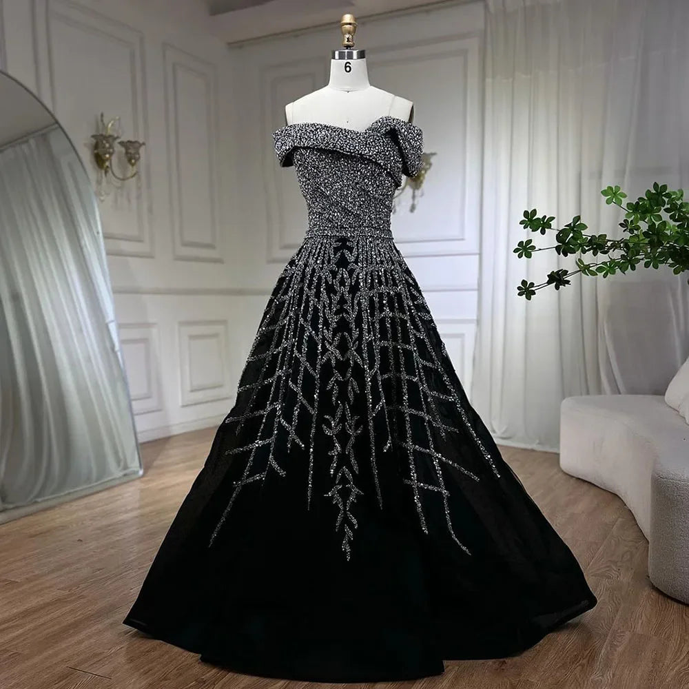 Serene Hill Elegant Black Beaded A-Line Evening Gown 2024 - Off-Shoulder Luxury Dress for Women - Long Party Dress LA72224 Tunics Leisure comfortable