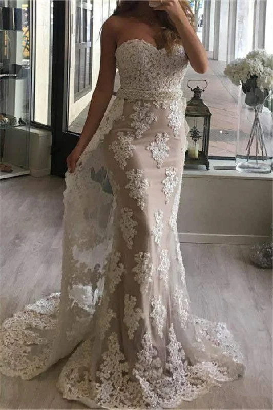 Sweetheart Sheath Lace Prom Dresses with Beads Belt Sexy Long Evening Gown with Long Train Sweetheart Sheath Lace Prom Dresses with Beads Belt Sexy Long Evening Gown with Long Train