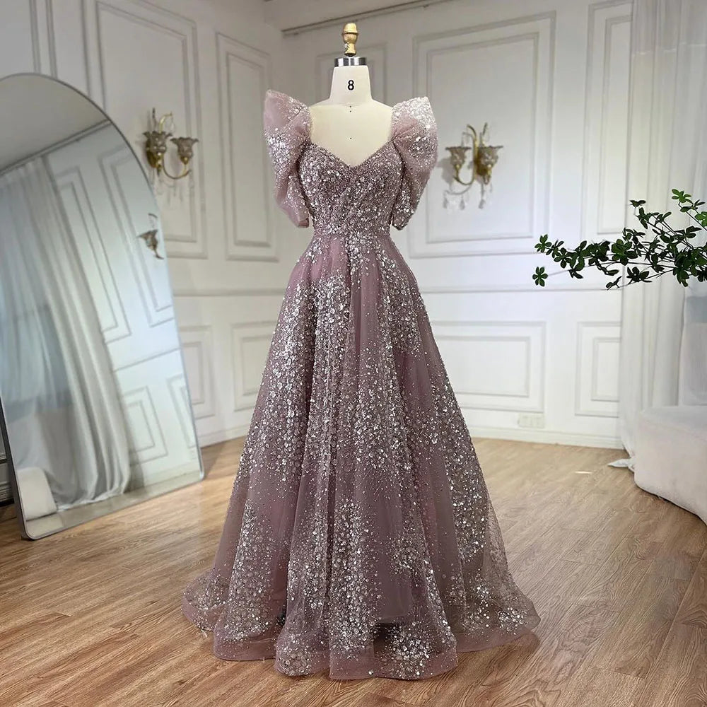Serene Hill 2024 Dubai Arabic Pink A Line Beaded Evening Elegant Gown Luxury Dress for Women Long Party Dress LA72447 Tunics Luxurious premium