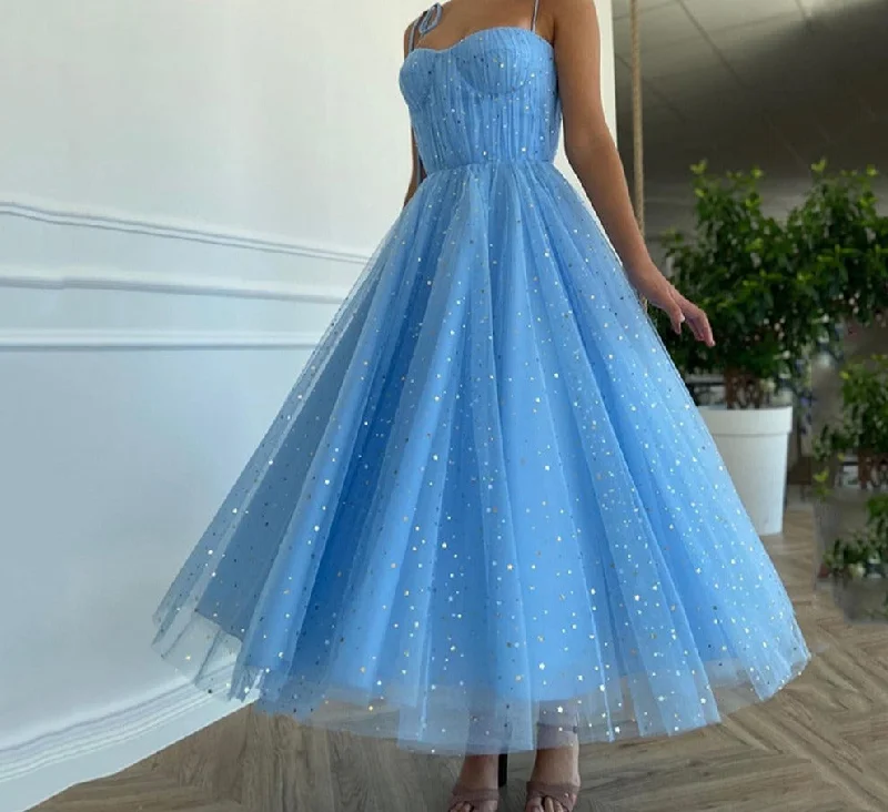 Cinessd  2022 Shiny Sky Blue Spaghetti Strap Prom Dresses Sweetheart Corset A Line Tulle Tea Length Evening Party Dress Custom Tunics Ceremony elegant