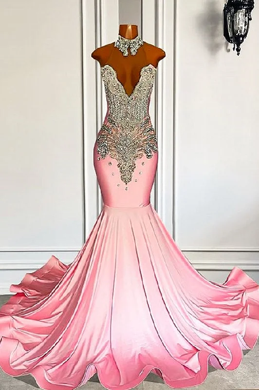 Sweetheart Silver Beaded Pink Mermaid Satin Prom Party Dresses Tunics Prom sequined