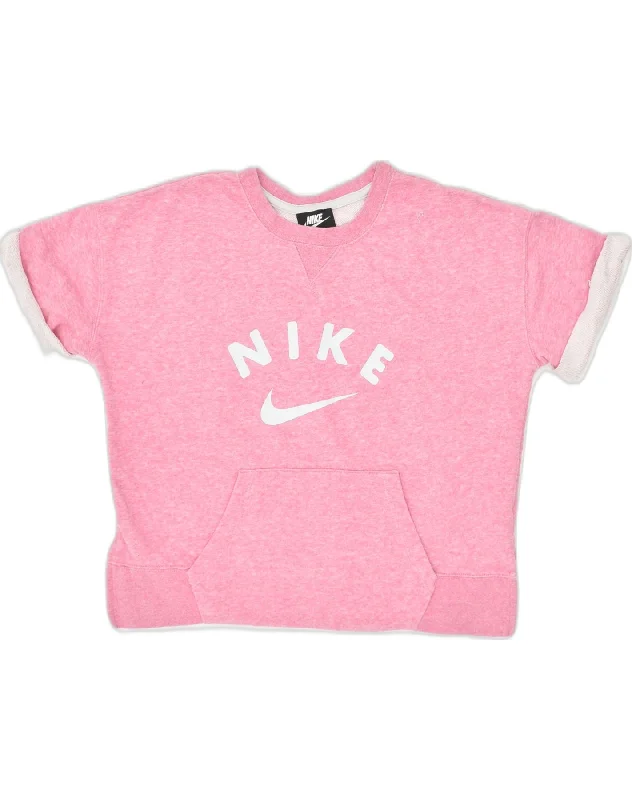 NIKE Womens Graphic Crop Top UK 18 XL Pink Cotton Summer Crop Top Casual Short Sleeve