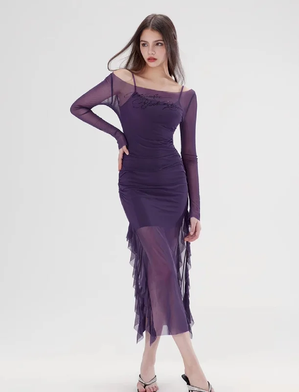 Elegant Slit Purple Mesh Dress WOO0095