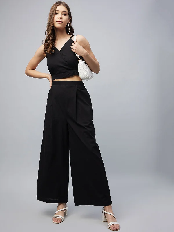 Black Cotton Linen Crop Top & Palazzo set Chenille Blend Fleece Blend Nylon Blend