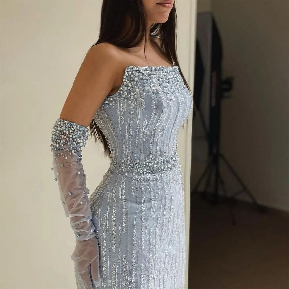 Serene Hill 2024 Arabic Blue Mermaid Luxury Evening Gown Strapless With Gloves Beaded Party Dress for Women's Wedding LA71950 Tunics Top rated