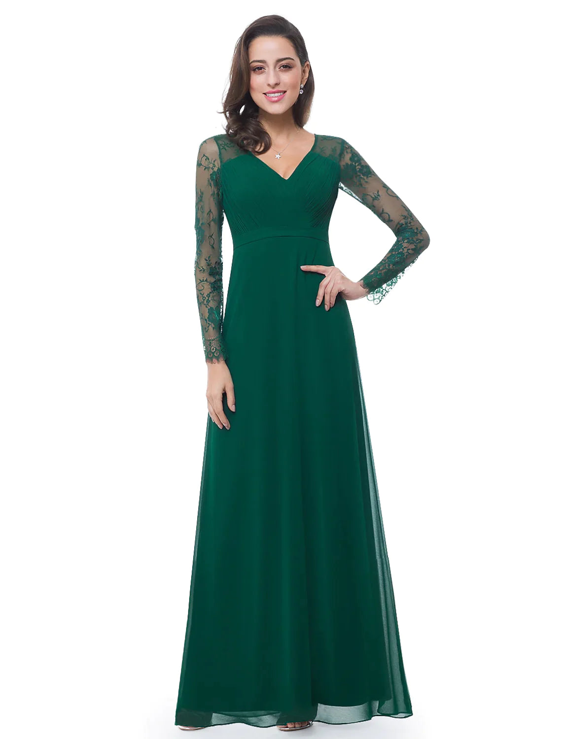 A-Line Evening Gown Elegant Dress Wedding Guest Floor Length Long Sleeve V Neck Chiffon Ribbon Ruched Lace A-Line Evening Gown Elegant Dress Wedding Guest Floor Length Long Sleeve V Neck Chiffon Ribbon Ruched Lace