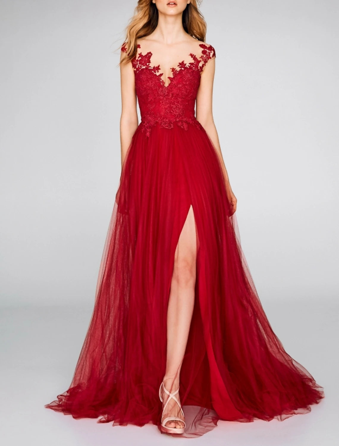 A-Line Evening Gown Party Dress Sexy Dress Engagement Prom Court Train Sleeveless V Neck Chiffon with Slit Appliques Turtleneck Neckline Stylish