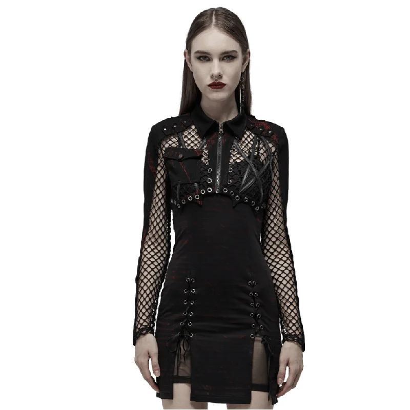 Edgy Punk Crop Top with Fishnet Sleeves and Leather Trim Wool Fabric Cashmere Fabric Tweed Fabric Edgy Punk Crop Top with Fishnet Sleeves and Leather Trim Wool Fabric Cashmere Fabric Tweed Fabric