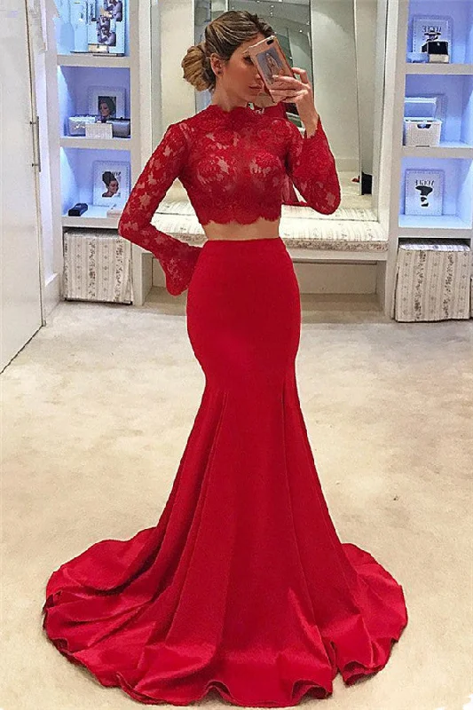 High Neck Long Sleeve Two Piece Prom Dresses  Mermaid Lace Formal Evening Gown