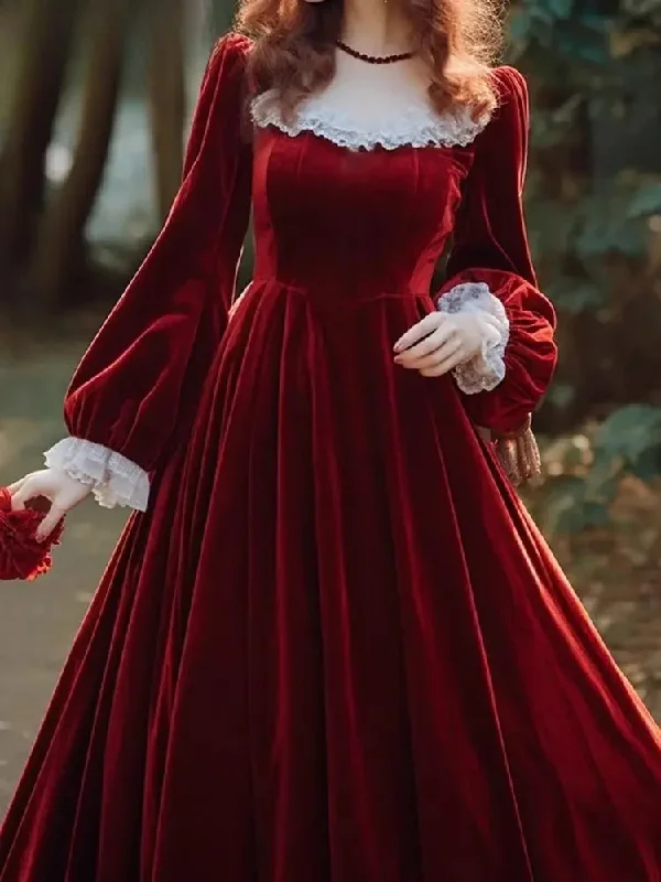 French Hepburn Velvet Drape Red Christmas Party Dress Tunics Bridal satin