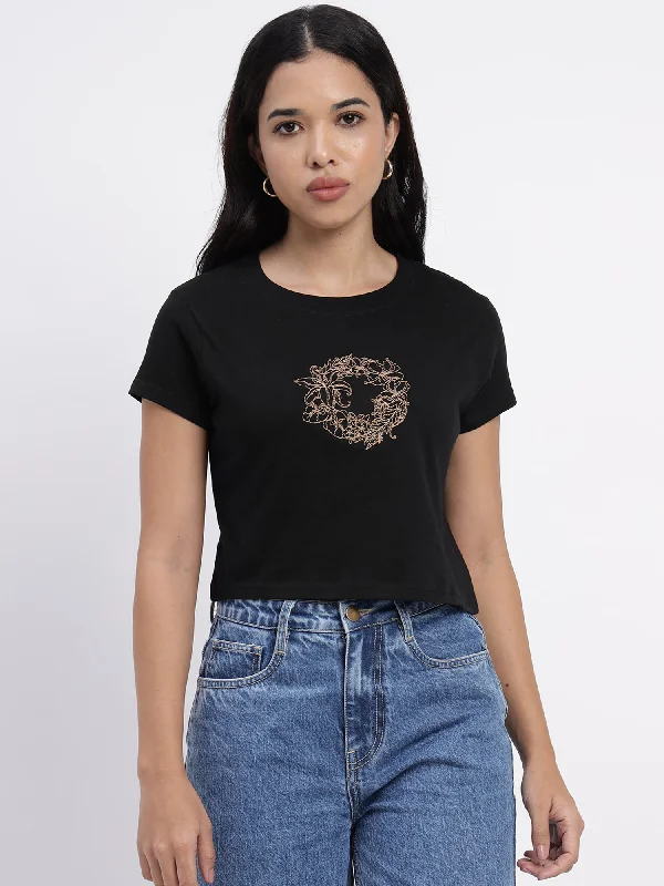 Black Embroidered Crop Top-SICT0010124 Mesh Blend Leather Blend Suede Blend