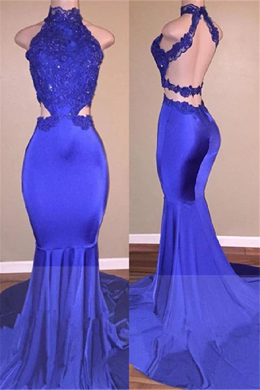 High Neck Open Back Prom Dresses  | Sexy Lace Mermaid Evening Dress BA7974