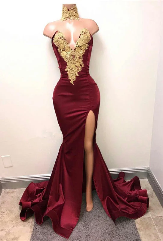 Lace Appliques Mermaid Burgundy Evening Gown  Front Split High Neck Sexy Prom Dress BA5998
