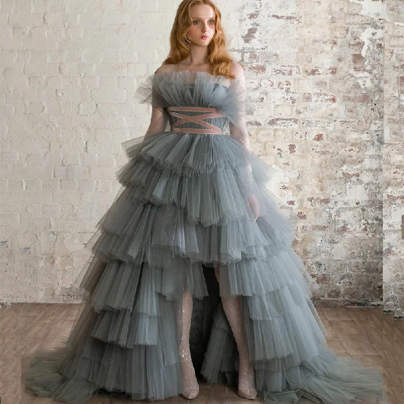 Cinessd  Gorgeous Dusty Blue Ruffled Tulle Prom Dresses Long A Line Tiered Evening Gown Sleeveless Backless Party Dress Tunics Fashionable trendy