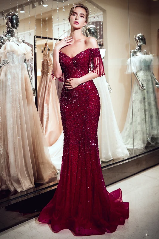 Sparkly Red Crystal Off Shoulder Evening Dresses |  Mermaid Evening Gowns with Tassels