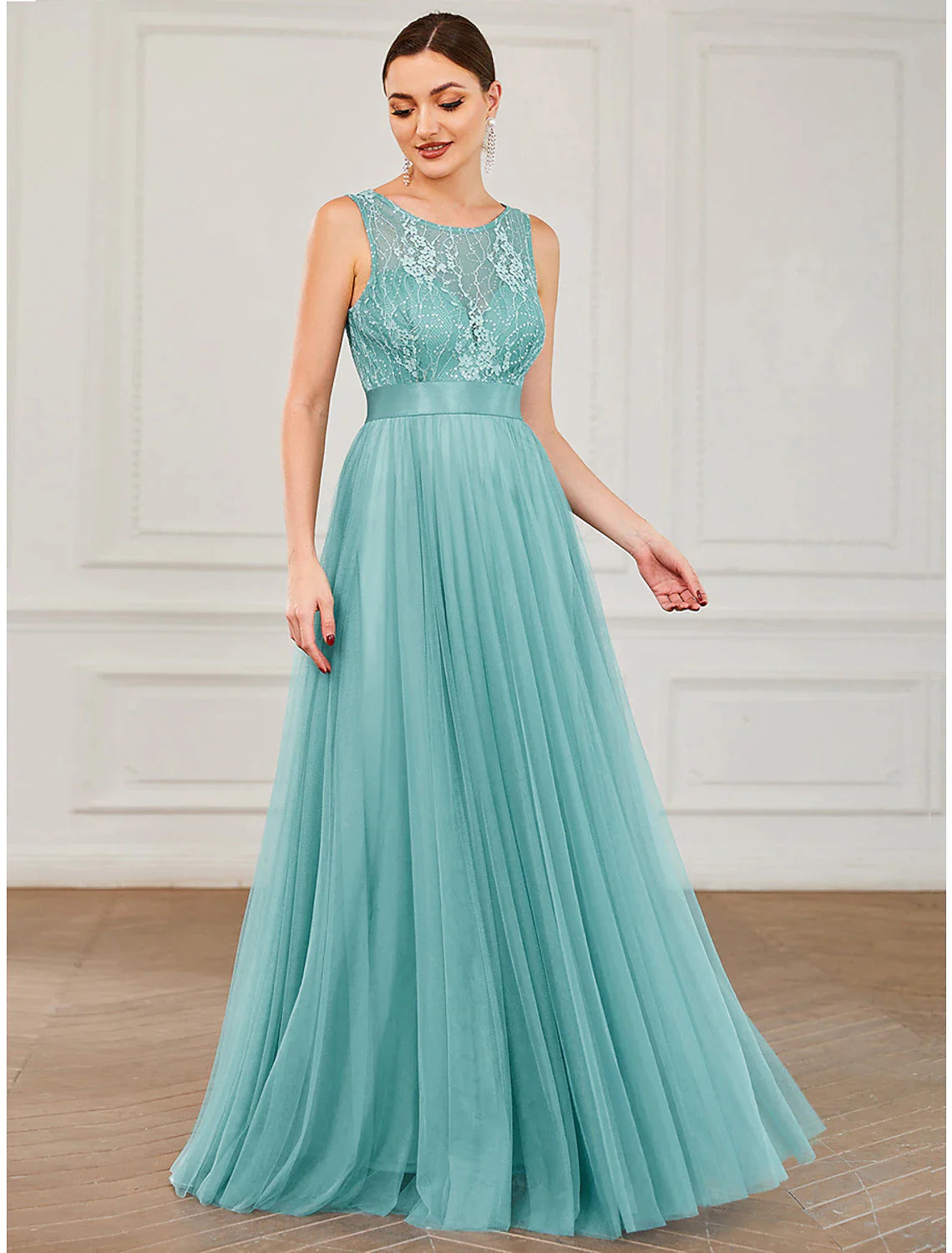 A-Line Prom Dresses Elegant Dress Wedding Guest Floor Length Sleeveless Tulle with Sequin A-Line Prom Dresses Elegant Dress Wedding Guest Floor Length Sleeveless Tulle with Sequin