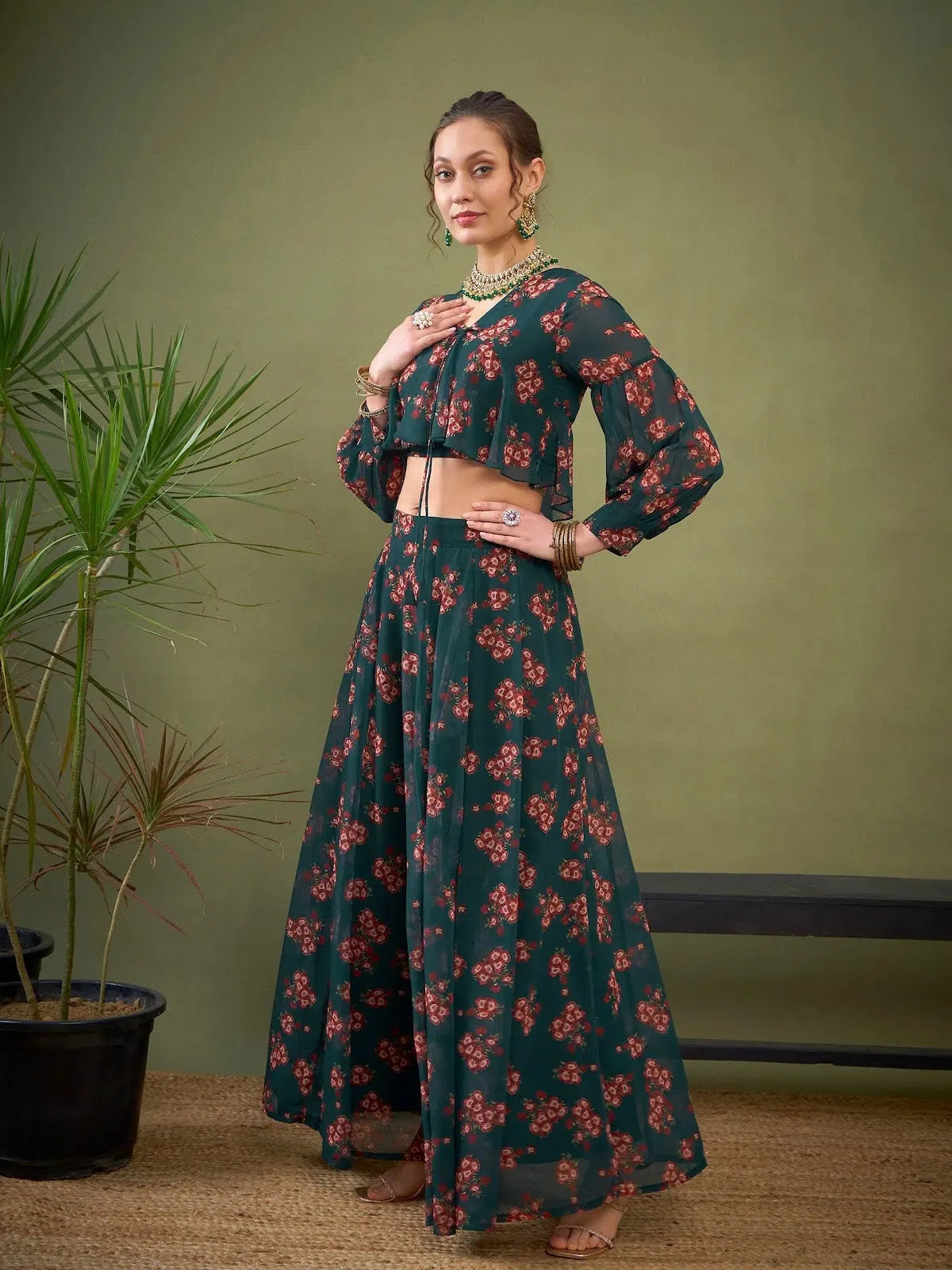 Women Green Floral Anarkali Skirt With Peplum Crop Top Zippered Front Buttoned Front Snap Front Women Green Floral Anarkali Skirt With Peplum Crop Top Zippered Front Buttoned Front Snap Front