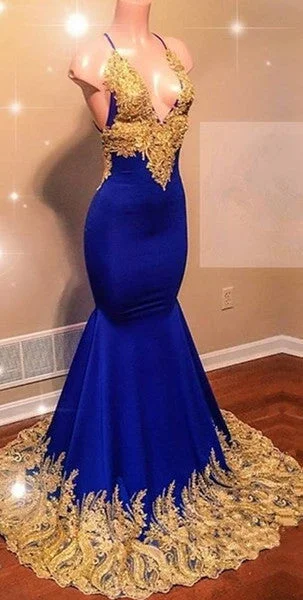 Spaghetti Straps Royal Blue Prom Dress with Gold Lace | Mermaid Sleeveless Sexy V-neck Prom Dress