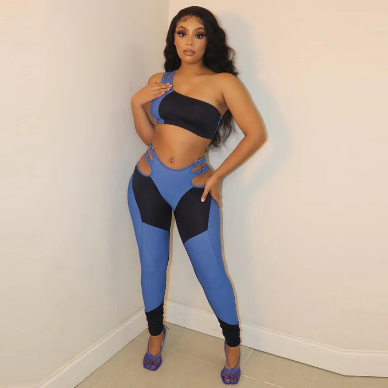 Women Color Contrast Panel One Shoulder Sleeveless Top And Cutout Pants Two-Piece Set Casual Sweatpants Style