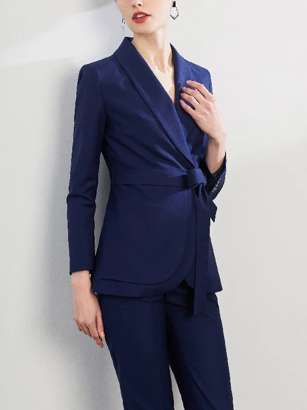 2 Piece Navy Single Buttons Notch Lapel Slim Fit Women's Suit (Blazer+Pants) Slim-Fit Leggings