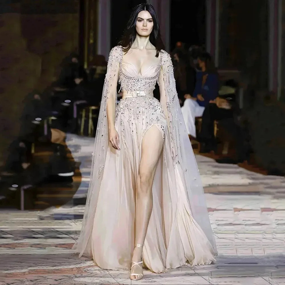 Serene Hill Arabic Champagne Dubai Evening Dresses Luxury Celebrity Beaded Tassel High Split Women Wedding Party Dress LA72390 Tunics Fashionable trendy