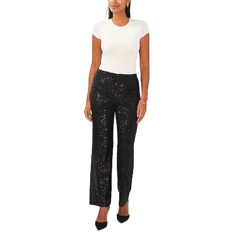 Petites Womens Sequined Mid-Rise Straight Leg Pants High-Waist Jogger Pants