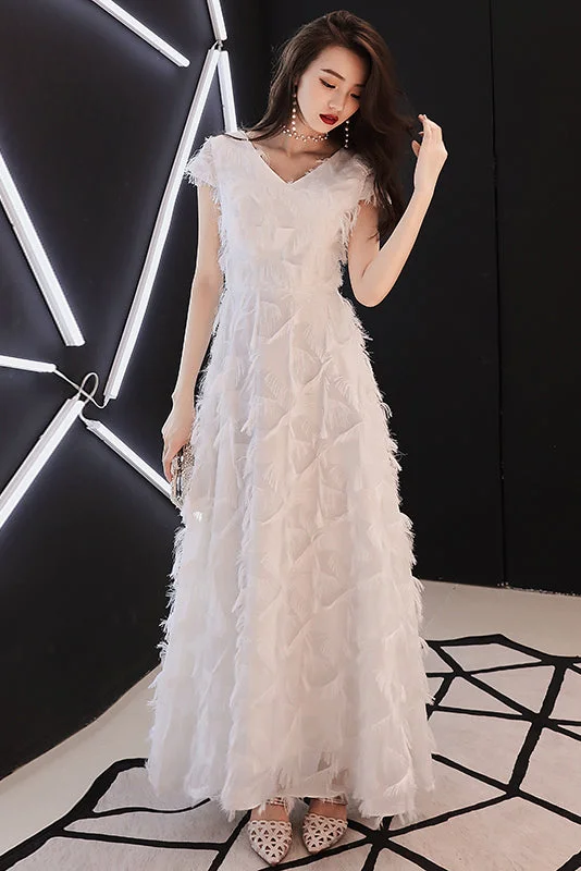 White Short Sleeves Long Party Dress Prom Dress With Feather Tunics Canvas sturdy