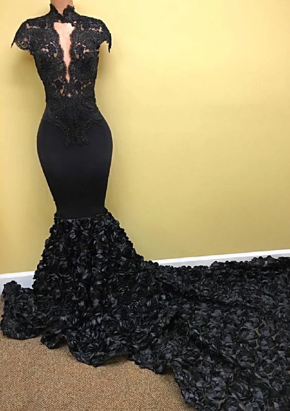 Amazing Black Prom Dress  Lace Flowers Long Train Mermaid Formal Evening Gowns
