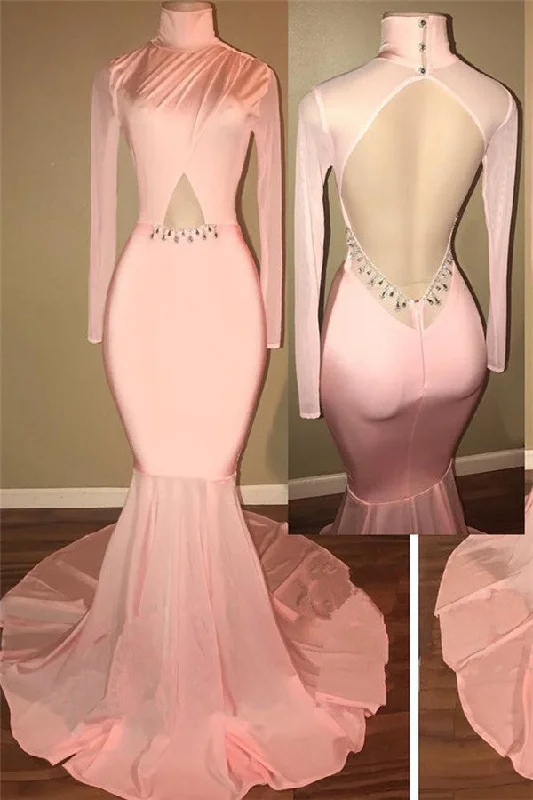 Open Back  Pink Prom Dress Sexy | Mermaid High Neck Evening Gowns with Sleeve