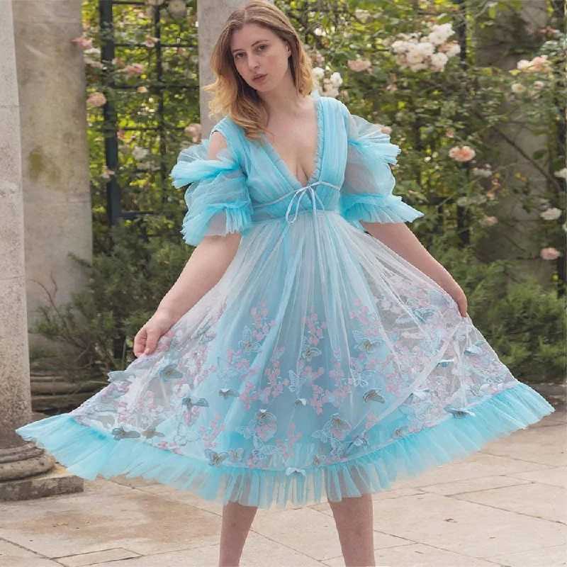 Cinessd  Fairy Aurora Butterfly Prom Dresses Puff Sleeves V-Neck Ruffles Evening Gowns A-Line Pleat Formal Party Dress Pleated Skirt Elegant