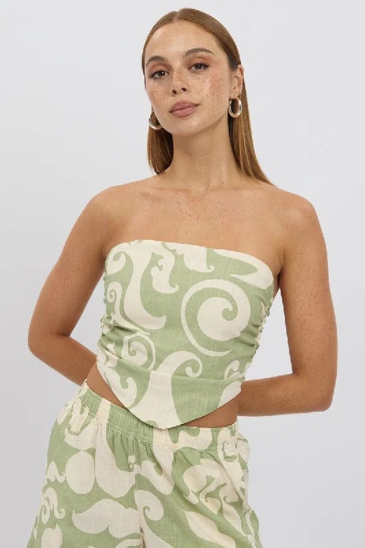 Green Abstract Crop Top Strapless Scarf Linen Blend Lace Blend Ribbed Blend Corduroy Blend
