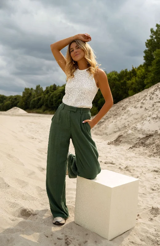 Dark Green Linen Joey Pants Trendy Palazzo Pants