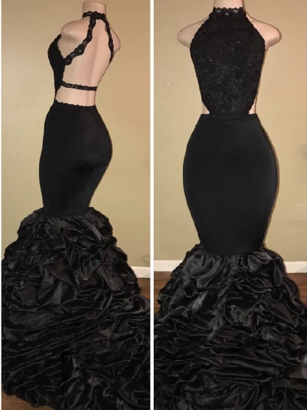 Black Sexy High-Neck Mermaid Prom Dresses  Halter Evening Dresses BA7775