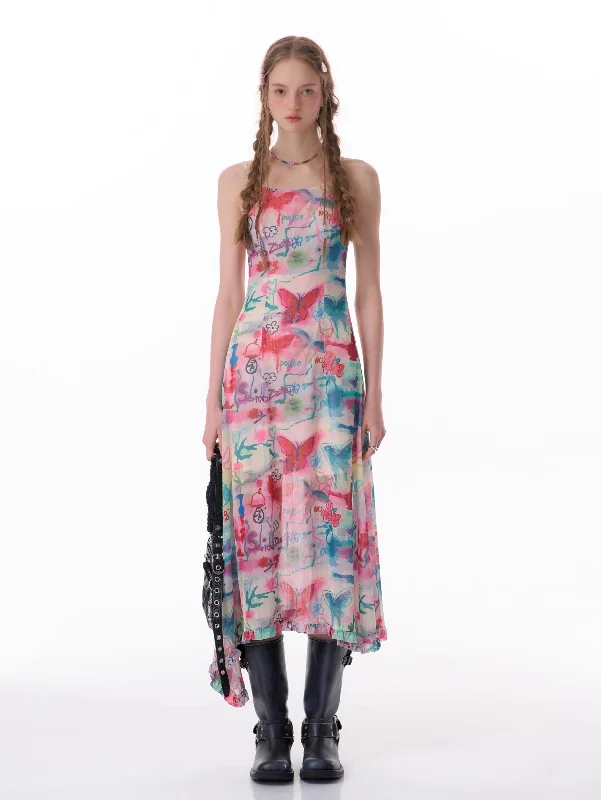 Slimming Design Irregular Graffiti Butterfly Print Suspender Dress ZIZ0077