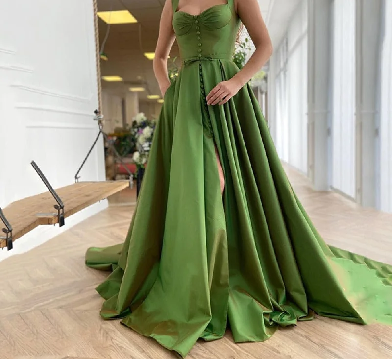 Cinessd  Simple Green Satin A-Line Prom Dress 2022 Elegant Straps Buttons Design Evening Dress Front Split Party Dress With Pocket Tunics Office stylish
