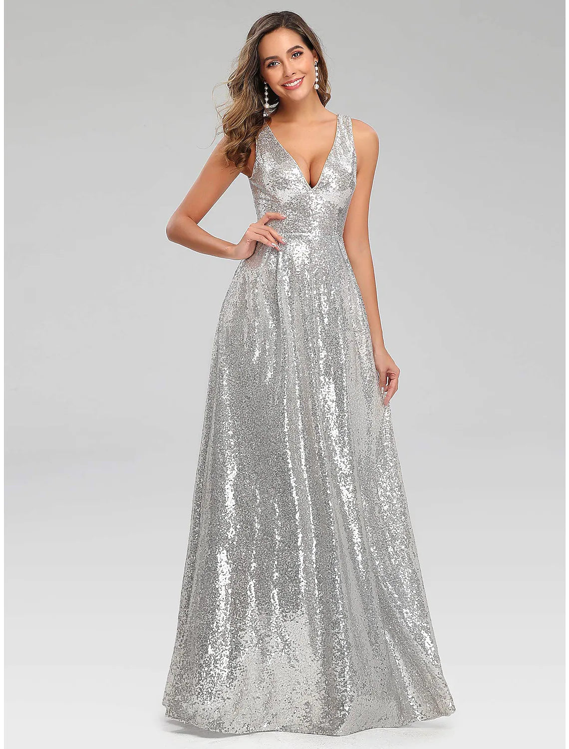 A-Line Prom Dresses Sparkle Dress Wedding Guest Floor Length Sleeveless V Neck V Back with Sequin A-Line Prom Dresses Sparkle Dress Wedding Guest Floor Length Sleeveless V Neck V Back with Sequin
