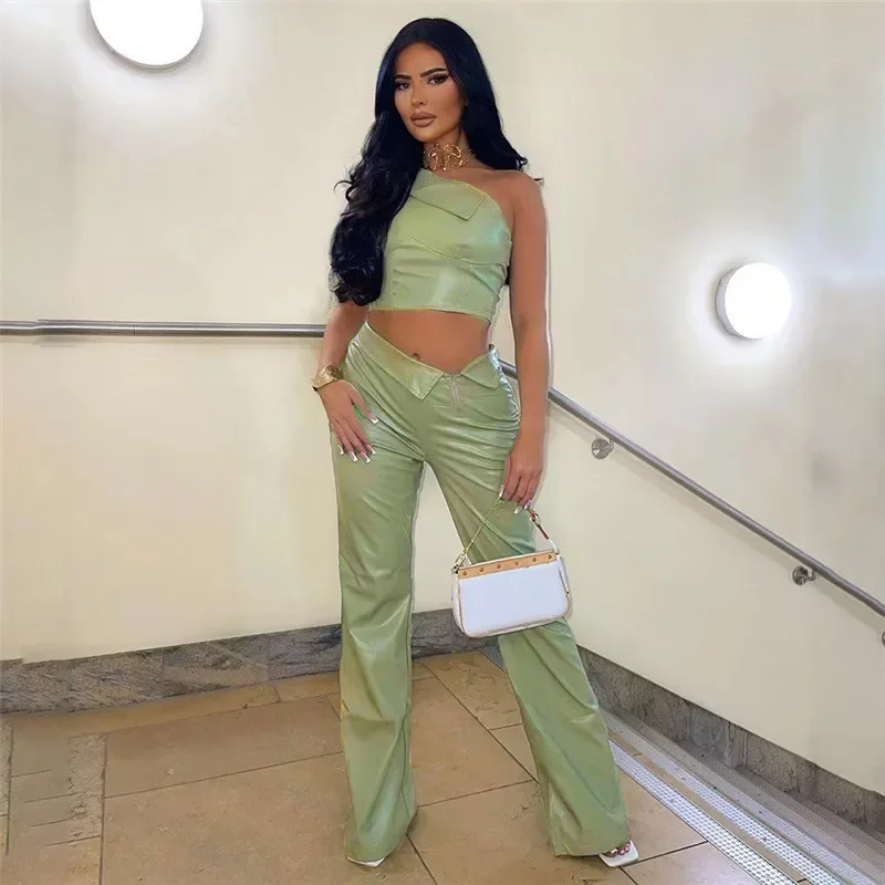 Women Fashion Sexy Solid Color Slanted Shoulder PU Leather Top Pants Two-Piece Set Stylish Harem Pants