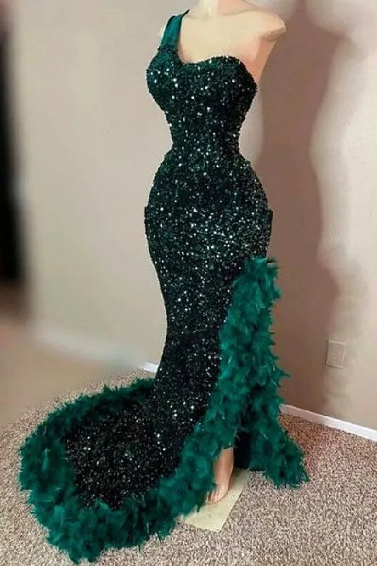 Dark Green One shoulder Split Ruffles High Split Prom Party Dresses Tunics Seasonal trendy Dark Green One shoulder Split Ruffles High Split Prom Party Dresses Tunics Seasonal trendy