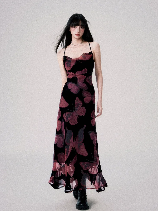 Velvet Butterfly Swing Neck Backless Lace-up Slip Dress LUL0050