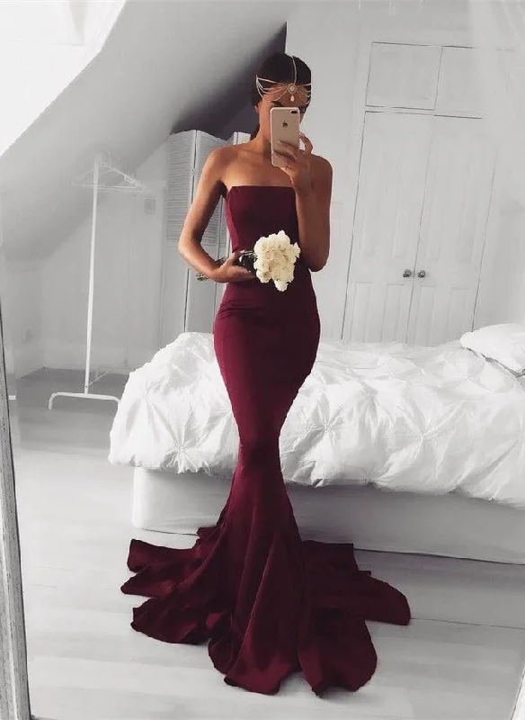 Modern Sweep-Train  Burgundy Strapless Mermaid Sleeveless Prom Dress BA5124