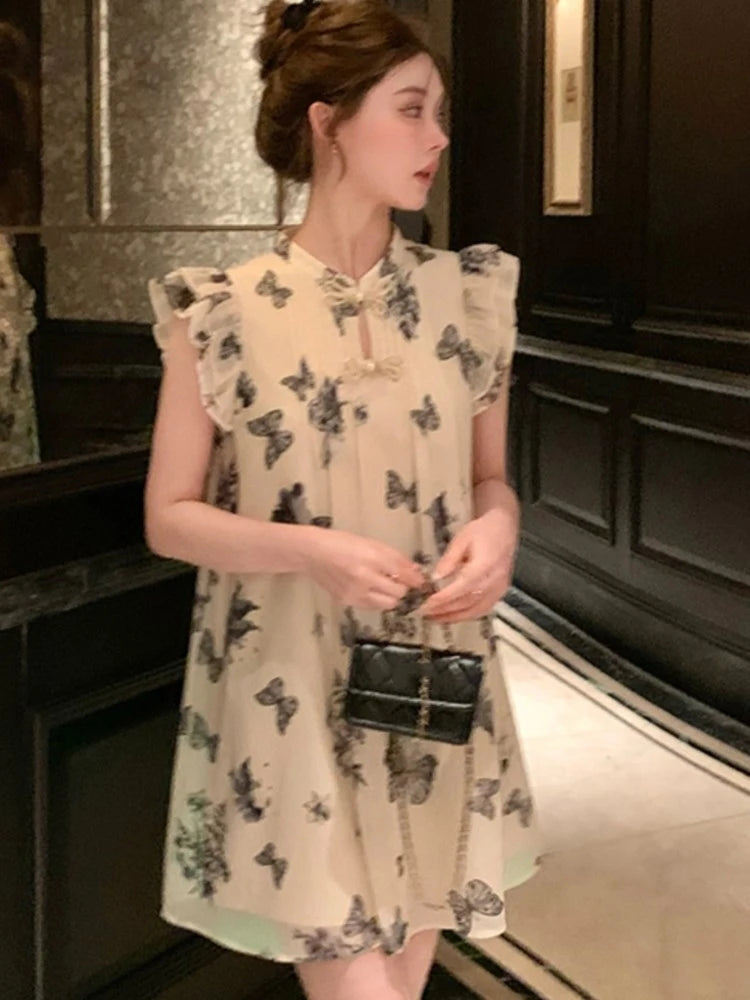 Wjczt Elegant Dresses for Women Summer New Chinese Style Butterfly Print Casual Party Dress Female Vintage Vestido Prom Robe 2024 Tunics Bestseller popular