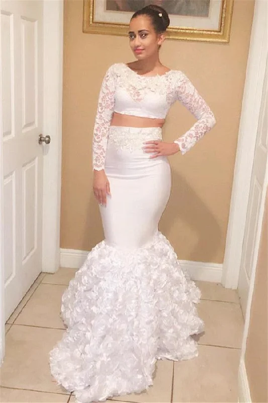 Simple Long Sleeves Lace Appliques Mermaid Prom Dresses |  Two-Pieces Crew Ruffles Evening Gown