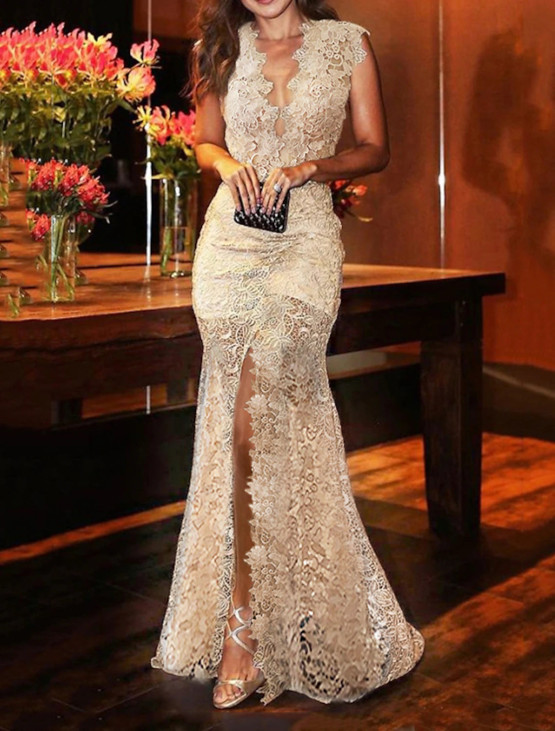 Mermaid Party Dress Sexy Floral Engagement Formal Evening Dress V Neck Sleeveless Sweep / Brush Train Lace with Slit Tunics Cozy comfortable