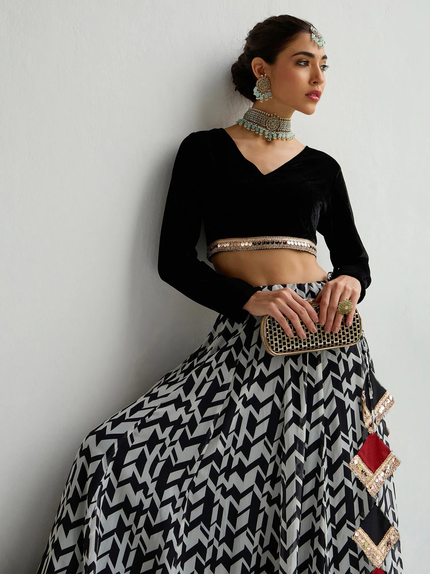 Women Black Velvet Crop Top With Anarkali Skirt-SHSET96065 Zippered Front Buttoned Front Snap Front Women Black Velvet Crop Top With Anarkali Skirt-SHSET96065 Zippered Front Buttoned Front Snap Front