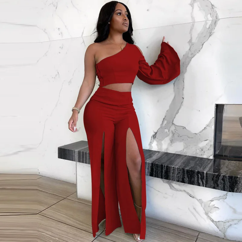 Women Fashion Sexy Solid Color One-Sleeve Top Slit Pants Set High-Waist Trousers