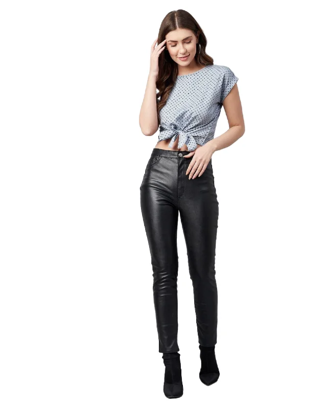 Women's Crepe Grey Polka Doted Knotted Crop Top Iron Safe Non-Iron Wrinkle Free